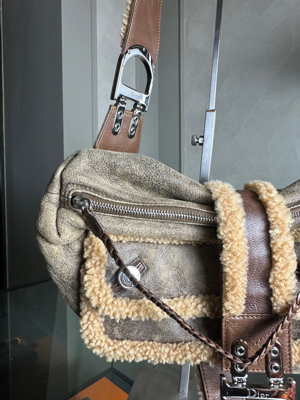 Christian Dior shearling Flight Columbus Shoulder Bag khaki green brown cream y2k 2005 John Galliano