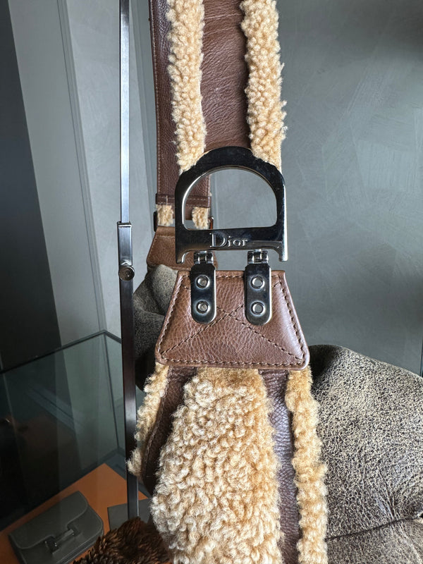 Christian Dior shearling Flight Columbus Shoulder Bag khaki green brown cream y2k 2005 John Galliano