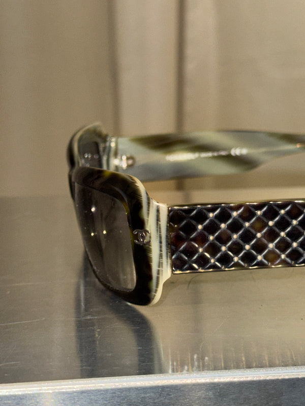 Chanel Rectangular Sunglasses Brown Gradient Lenses Transparent Frame Quilted Temple Detail CC Logo Vintage Eyewear