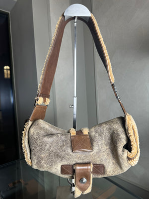 Christian Dior shearling Flight Columbus Shoulder Bag khaki green brown cream y2k 2005 John Galliano