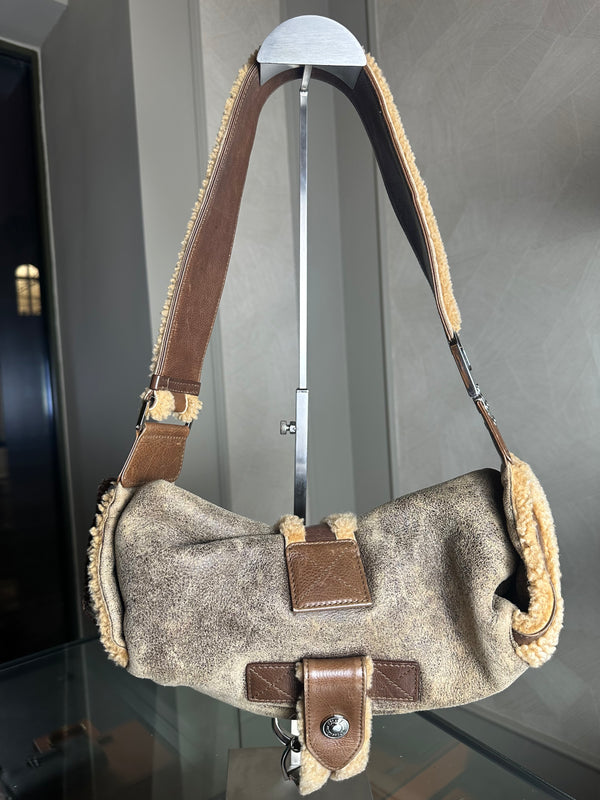 Christian Dior shearling Flight Columbus Shoulder Bag khaki green brown cream y2k 2005 John Galliano