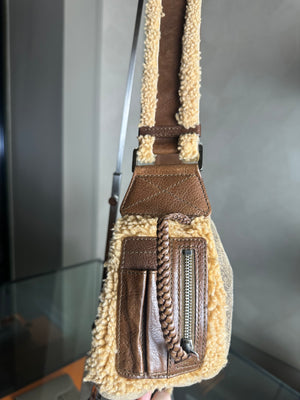 Christian Dior shearling Flight Columbus Shoulder Bag khaki green brown cream y2k 2005 John Galliano