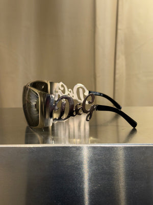Dolce &amp; Gabbana D&amp;G Logo Shield Sunglasses Brown Tinted Lenses Silver-Tone Metal Oversized Temple Detail Black Arms Made in Italy
