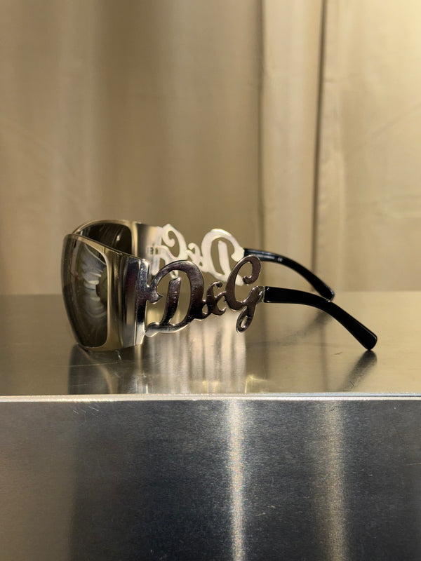 Dolce &amp; Gabbana D&amp;G Logo Shield Sunglasses Brown Tinted Lenses Silver-Tone Metal Oversized Temple Detail Black Arms Made in Italy