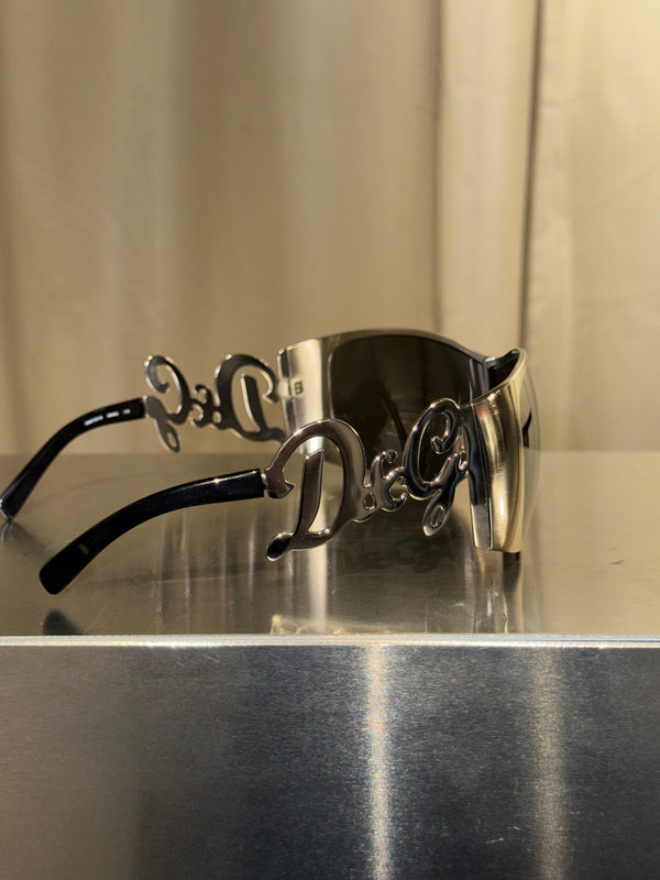 Dolce &amp; Gabbana D&amp;G Logo Shield Sunglasses Brown Tinted Lenses Silver-Tone Metal Oversized Temple Detail Black Arms Made in Italy