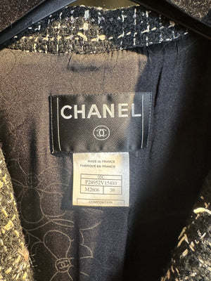 Classic Chanel chain detail Cruise Collection 2005 Tweed Blazer textured grey black long jacket silver hardware FR 46 iconic Devil Wears Prada