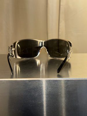 Dolce &amp; Gabbana D&amp;G Logo Shield Sunglasses Brown Tinted Lenses Silver-Tone Metal Oversized Temple Detail Black Arms Made in Italy