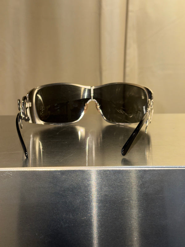 Dolce &amp; Gabbana D&amp;G Logo Shield Sunglasses Brown Tinted Lenses Silver-Tone Metal Oversized Temple Detail Black Arms Made in Italy