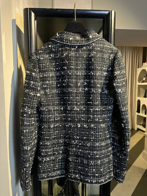 Classic Chanel chain detail Cruise Collection 2005 Tweed Blazer textured grey black long jacket silver hardware FR 46 iconic Devil Wears Prada