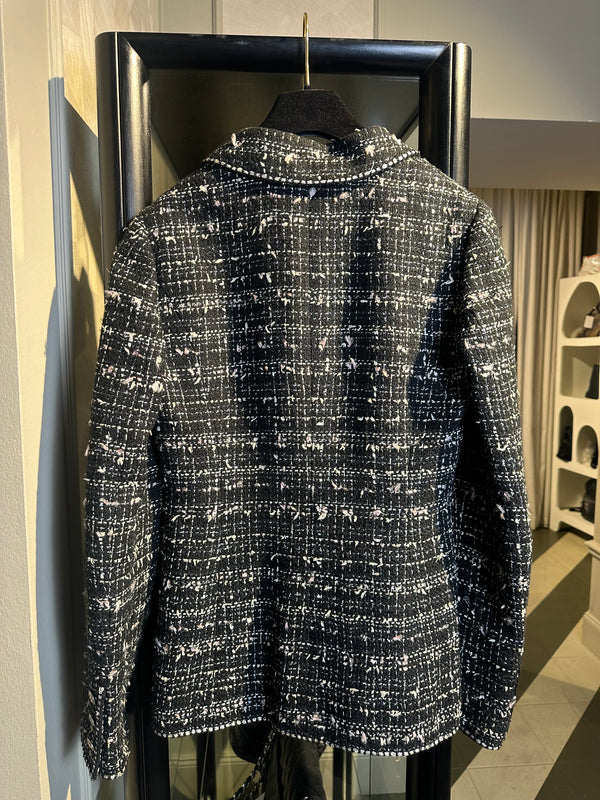 Classic Chanel chain detail Cruise Collection 2005 Tweed Blazer textured grey black long jacket silver hardware FR 46 iconic Devil Wears Prada