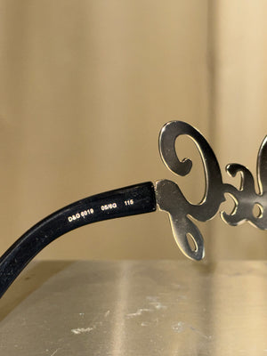 Dolce &amp; Gabbana D&amp;G Logo Shield Sunglasses Brown Tinted Lenses Silver-Tone Metal Oversized Temple Detail Black Arms Made in Italy