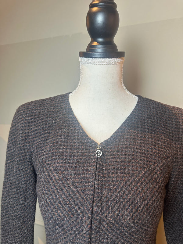 Chanel 1997 Coco Mark Knit Dress Wool Brown CC details FR 34 XS/XXS Long Sleeve Fit Flare Classic