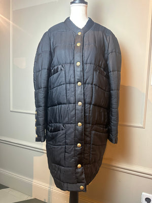 Chanel F/W 1990 Black Quilted Long Parka Puffer Coat with Gold CC buttons Long sleeve Rare Vintage Silk FR 36