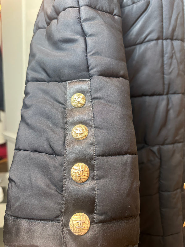 Chanel F/W 1990 Black Quilted Long Parka Puffer Coat with Gold CC buttons Long sleeve Rare Vintage Silk FR 36