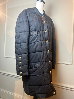 Chanel F/W 1990 Black Quilted Long Parka Puffer Coat with Gold CC buttons Long sleeve Rare Vintage Silk FR 36
