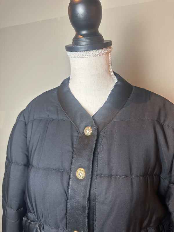 Chanel F/W 1990 Black Quilted Long Parka Puffer Coat with Gold CC buttons Long sleeve Rare Vintage Silk FR 36