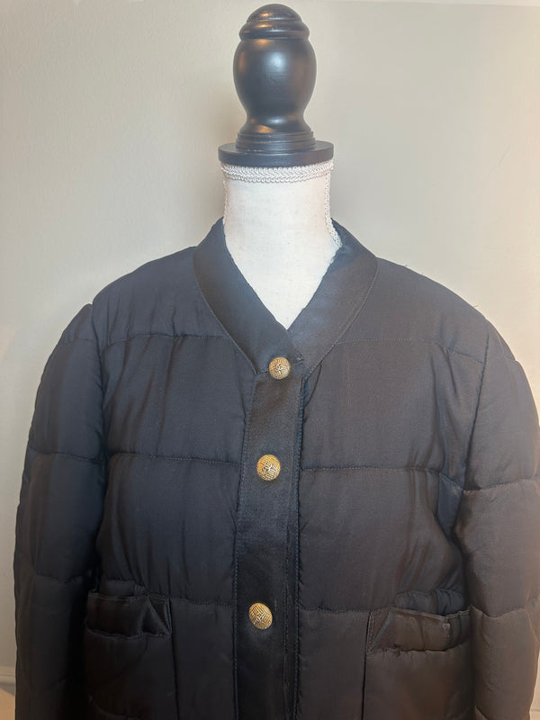 Chanel F/W 1990 Black Quilted Long Parka Puffer Coat with Gold CC buttons Long sleeve Rare Vintage Silk FR 36