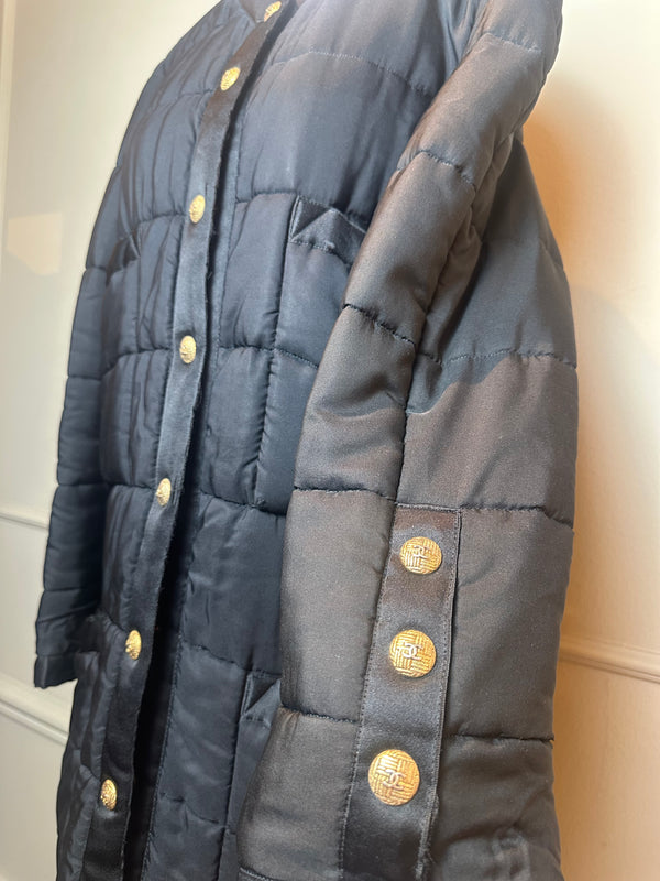 Chanel F/W 1990 Black Quilted Long Parka Puffer Coat with Gold CC buttons Long sleeve Rare Vintage Silk FR 36