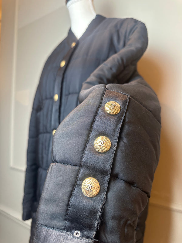 Chanel F/W 1990 Black Quilted Long Parka Puffer Coat with Gold CC buttons Long sleeve Rare Vintage Silk FR 36