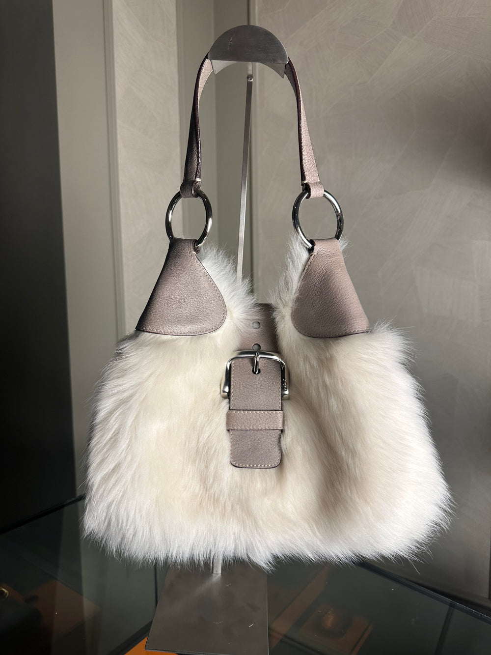 Prada Montone Moon Bag fur suede detailing silver hardware fluffy chic fur buckles