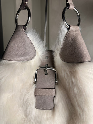 Prada Montone Moon Bag fur suede detailing silver hardware fluffy chic fur buckles