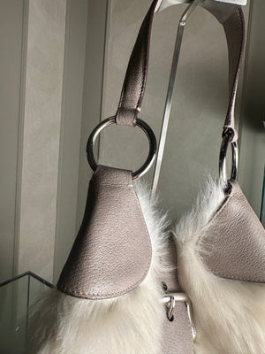Prada Montone Moon Bag fur suede detailing silver hardware fluffy chic fur buckles