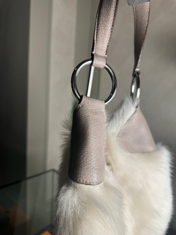 Prada Montone Moon Bag fur suede detailing silver hardware fluffy chic fur buckles