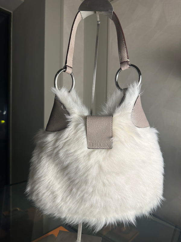 Prada Montone Moon Bag fur suede detailing silver hardware fluffy chic fur buckles