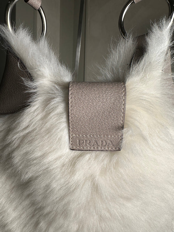 Prada Montone Moon Bag fur suede detailing silver hardware fluffy chic fur buckles