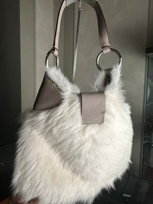 Prada Montone Moon Bag fur suede detailing silver hardware fluffy chic fur buckles