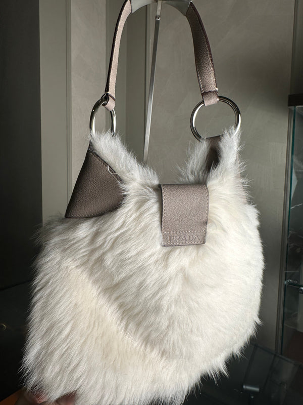Prada Montone Moon Bag fur suede detailing silver hardware fluffy chic fur buckles
