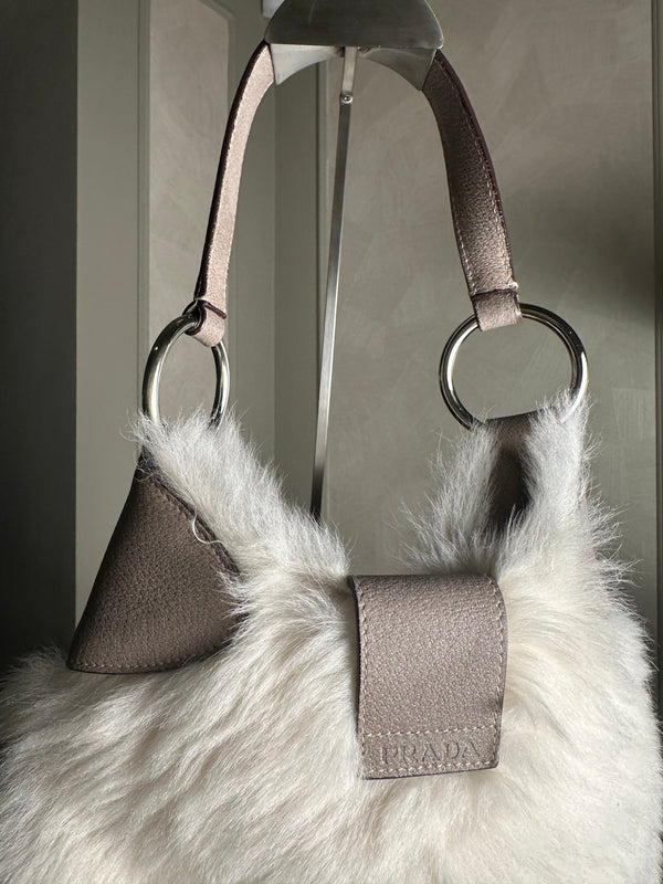 Prada Montone Moon Bag fur suede detailing silver hardware fluffy chic fur buckles