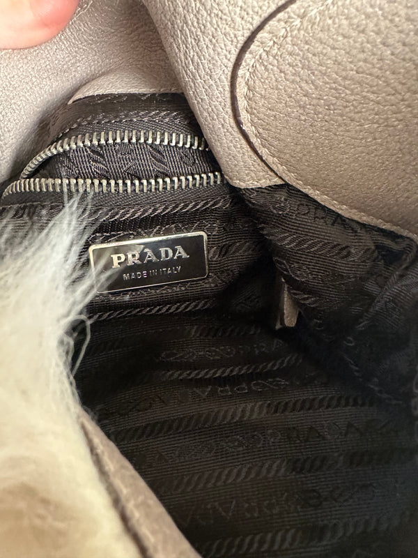 Prada Montone Moon Bag fur suede detailing silver hardware fluffy chic fur buckles