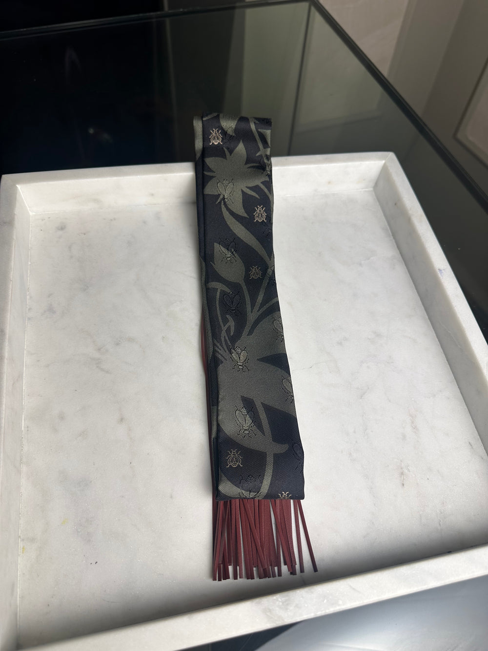 Rare! New Hermes Scarf Silk Calfskin Bouquet Final Fringed Tassle Twilly Vert Loden Black “Dual Essence” Twilly Leather Bouquet Final Abeille Black Loden Rouge H