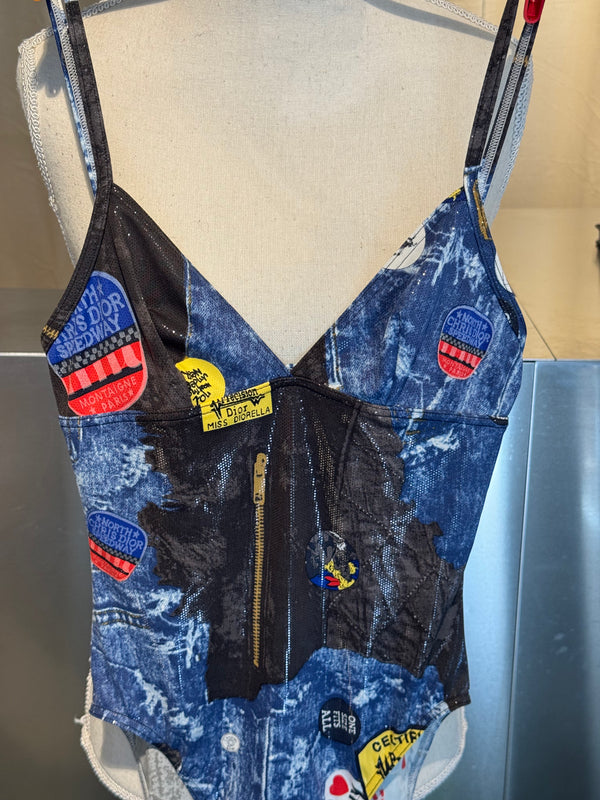 Christian Dior by John Galliano Fall Winter 2001 Miss Diorella Trompe L’Oeil Denim Print Patch One Piece Swimsuit Bodysuit Y2K Archive Size 36