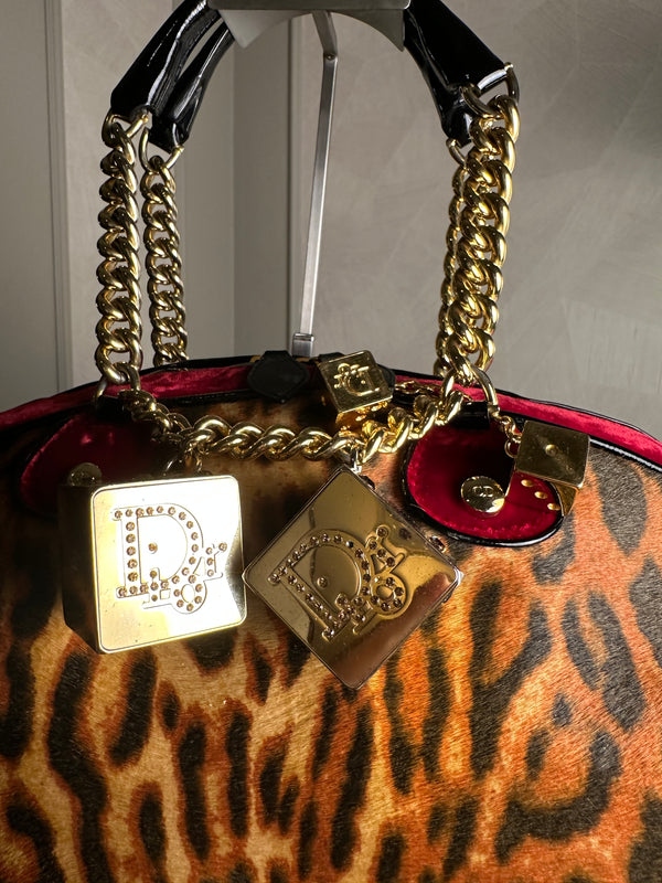 Christian Dior Ponyhair Gambler Dice Rhinestone Bowling Bag Leopard Cheetah Red Suede y2k 2004 John Galliano