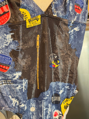 Christian Dior by John Galliano Fall Winter 2001 Miss Diorella Trompe L’Oeil Denim Print Patch One Piece Swimsuit Bodysuit Y2K Archive Size 36