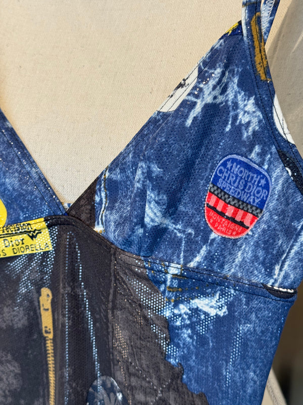 Christian Dior by John Galliano Fall Winter 2001 Miss Diorella Trompe L’Oeil Denim Print Patch One Piece Swimsuit Bodysuit Y2K Archive Size 36