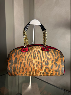 Christian Dior Ponyhair Gambler Dice Rhinestone Bowling Bag Leopard Cheetah Red Suede y2k 2004 John Galliano