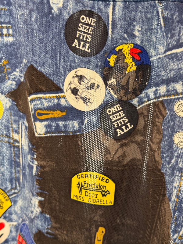 Christian Dior by John Galliano Fall Winter 2001 Miss Diorella Trompe L’Oeil Denim Print Patch One Piece Swimsuit Bodysuit Y2K Archive Size 36