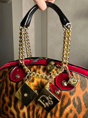 Christian Dior Ponyhair Gambler Dice Rhinestone Bowling Bag Leopard Cheetah Red Suede y2k 2004 John Galliano