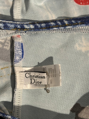 Christian Dior by John Galliano Fall Winter 2001 Miss Diorella Trompe L’Oeil Denim Print Patch One Piece Swimsuit Bodysuit Y2K Archive Size 36