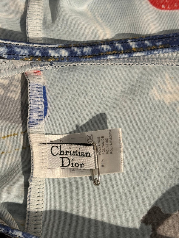 Christian Dior by John Galliano Fall Winter 2001 Miss Diorella Trompe L’Oeil Denim Print Patch One Piece Swimsuit Bodysuit Y2K Archive Size 36