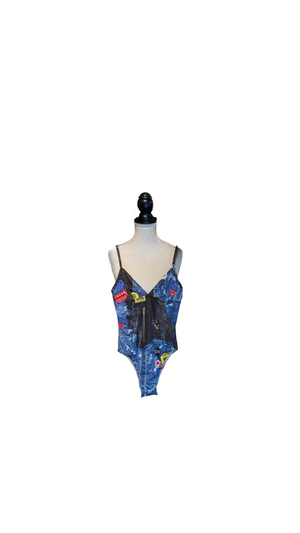 Christian Dior by John Galliano Fall Winter 2001 Miss Diorella Trompe L’Oeil Denim Print Patch One Piece Swimsuit Bodysuit Y2K Archive Size 36