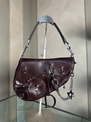 Rare Vintage Christian Dior "Hardcore" piercing limited edition Saddlebag S/S 2004 John Galliano Dark Brown Burgundy