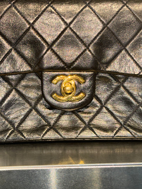 Chanel Vintage Black Quilted Lambskin Square Mini Single Flap Shoulder Bag Gold Hardware Archive
