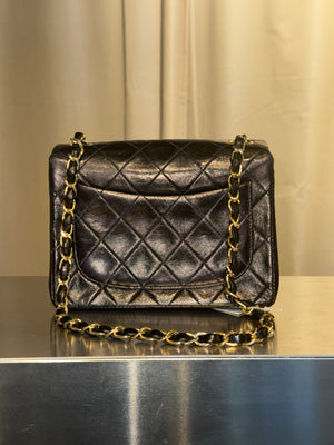 Chanel Vintage Black Quilted Lambskin Square Mini Single Flap Shoulder Bag Gold Hardware Archive
