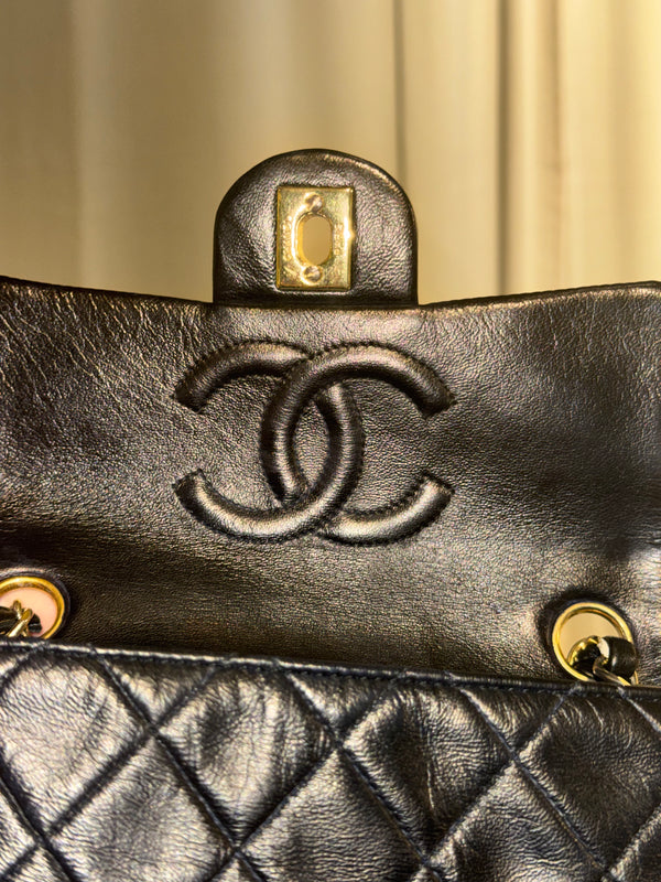 Chanel Vintage Black Quilted Lambskin Square Mini Single Flap Shoulder Bag Gold Hardware Archive