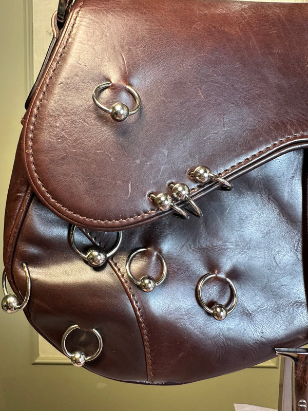 Rare Vintage Christian Dior "Hardcore" piercing limited edition Saddlebag S/S 2004 John Galliano Dark Brown Burgundy