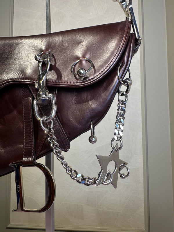 Rare Vintage Christian Dior "Hardcore" piercing limited edition Saddlebag S/S 2004 John Galliano Dark Brown Burgundy